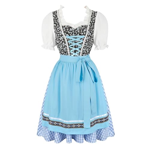 SUIBOZ Oktoberfest Outfit Damen Dirndl Kleid Fasching Kostüm Bayerisch Traditionell Halloween 3 Stück Set Karneval (J32016blue, S) von SUIBOZ