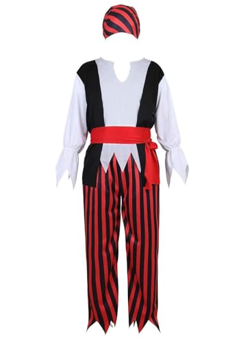 SUIBOZ Piratenkostüm für Herren, Halloween, Erwachsene, gestreiftes Hemd, Hose, Stirnband und Gürtel, Set, Outfits, Fasching, Wikinger, Cosplay (Piratenkostüme, 3XL) von SUIBOZ