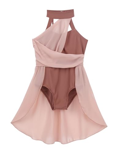 SUIBOZ Turnanzug für Kinder, Mädchen, Neckholder, moderner Lyrischer Tanzanzug, Tüllkleid, Ballett, Latein, Jazz, Bühnenaufführung, Mantel, Altrosa, 5–6 Jahre von SUIBOZ