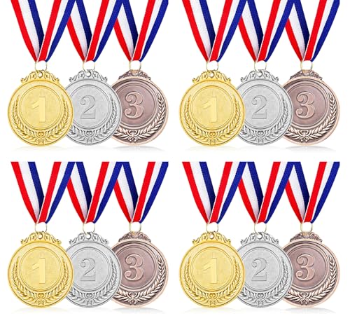 SULOLI 12 Stück Medaillen, Medaillen für Kinder aus Metall mit Nackenband, Preismedaille für Schulsport, Party Spiel Wettbewerb Preise (Gold Silber Bronze) von SULOLI