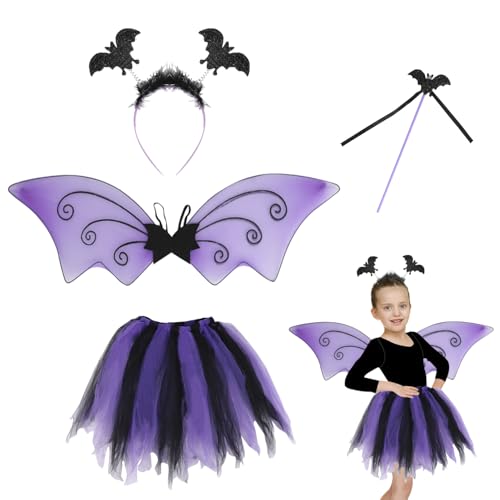 SULOLI 4 Stück Fledermaus für Kinder, Flügel, Tutu, Haarreif, Zauberstab für Halloween-Party (lila) von SULOLI