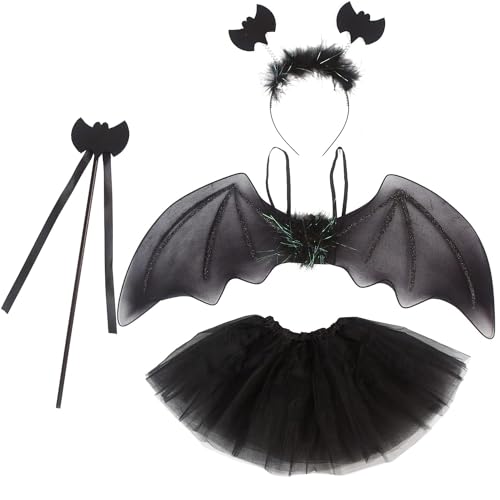 SULOLI 4 Stück Fledermaus für Kinder, Flügel, Tutu, Haarreif, Zauberstab für Halloween-Party (schwarz) von SULOLI