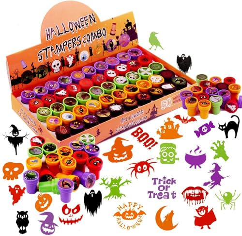 SULOLI 50 Stück Halloween-Tier-Stempel, bunt, aus Kunststoff, Füllmaterial für Halloween-Tüten für Kinder von SULOLI