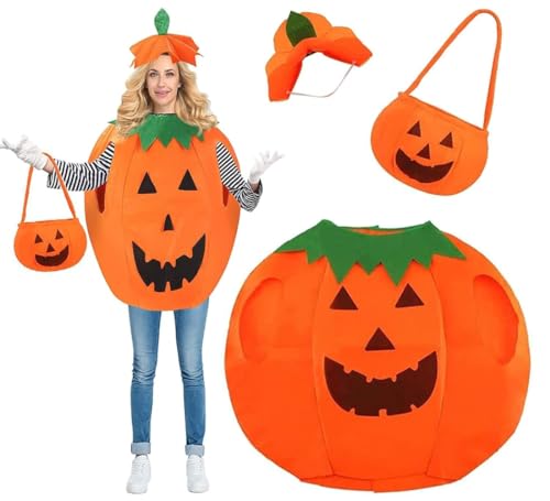 SULOLI Kürbis Kostüm Damen,Halloween Kürbis Kostüm Erwachsene mit Hut Candy Bag für Halloween Karneval Party Cosplay von SULOLI