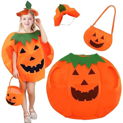 SULOLI Kürbis Halloween Kostüm Set,Kürbis Cosplay Kinder mit Kürbis Kleidung Hut Schuhe Tasche für Halloween Karneval Party Cosplay von SULOLI