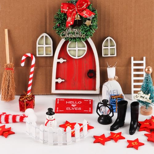 SULOLI Dollhause,Wichteltür Zubehör Weihnachten,Weihnachtswichtel Tür Set,Elfentür Holz,Weihnachtsdeko Feentürchen-Set für Kinder Party Geschenke von SULOLI