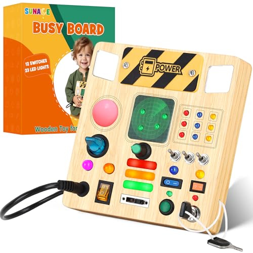 Montessori Busy Board - Montessori Spielzeug ab 1 Jahr Holzspielzeug mit 12 Schalter 23 LED-Leuchten Activity Board Motorikspielzeug Schalter Spielzeug für Kleinkinder Jungen Mädchen ab 1 2 3 4 Jahre von SUNACE