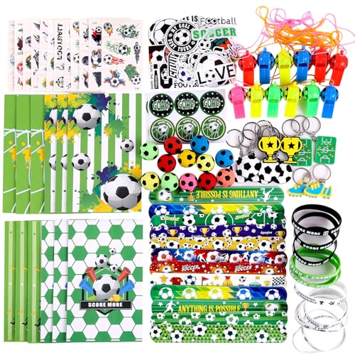 SUNBEAUTY 134 Stück Fußball Party Mitgebsel Kinder mit Fussball Schnapparmband Tattoo Aufkleber Geschenk Taschen Trillerpfeife Schlüsselanhänger Armband Fussball Give Aways für Kinder Geburtstag Deko von SUNBEAUTY