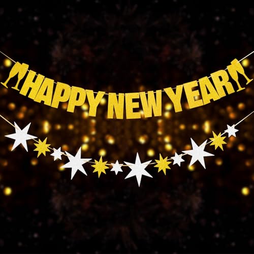 SUNBEAUTY 2025 Neujahr Banner Silvester Girlande Gold Happy New Year Banner Für Silvester Party Dekorationen 2025 Neujahrs Silvester Deko von SUNBEAUTY