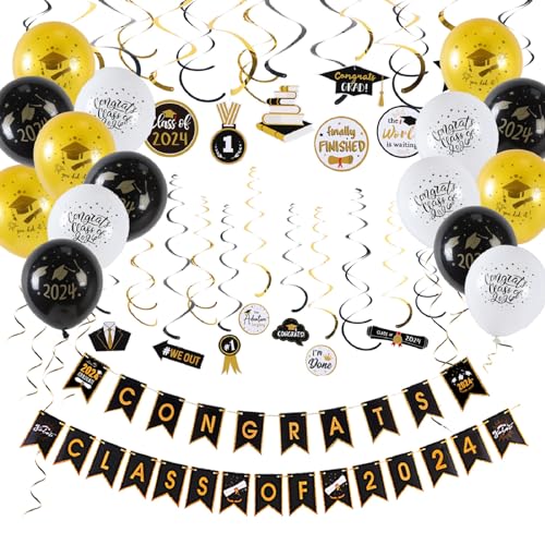 SUNBEAUTY Abschluss Deko Set 2024 Graduation Banners 30er Graduierung Spiralen Schwarz Gold 15 Luftballons von SUNBEAUTY