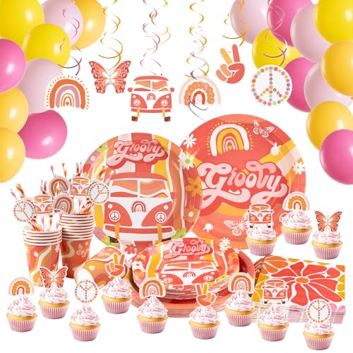 SUNBEAUTY 124 StüCk Boho Regenbogen Geburtstag Partygeschirr Pappteller Kindergeburtstag Deko Set enthäLt Pappbecher Servietten Strohhalme Cake Toppers Luftballons Banner für Kinder Geburtstag Party von SUNBEAUTY