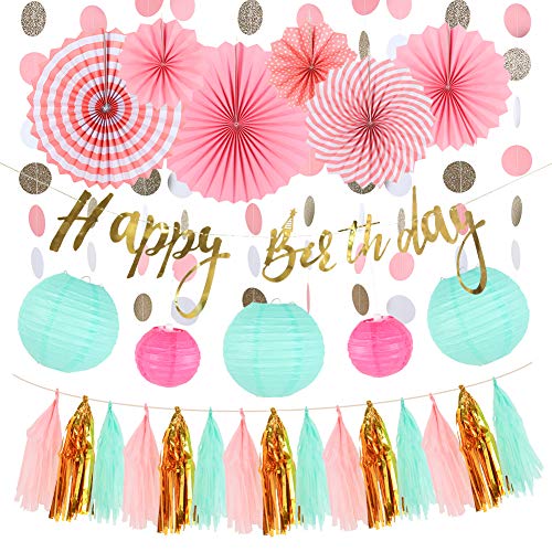 SUNBEAUTY Mint Rosa Geburtstagsdeko Kit Gold HAAPPY Birthday Banner Faltrosetten Kugel-Deko von SUNBEAUTY