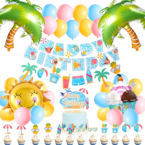 SUNBEAUTY Sommer Beach Party Deko Hawaii Party Dekoration Set mit Luftballons Girlande Happy Birthday Banner Palmen Ballons Tortendeko von SUNBEAUTY