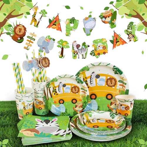 SUNBEAUTY 85 Stück Waldtiere Safari Partygeschirr,Waldtiere Geburtstag Deko enthält Einweggeschirr Servietten Strohhalme Pappteller für Babydusche Hochzeit Kindergeburtstag Deko（Grün） von SUNBEAUTY