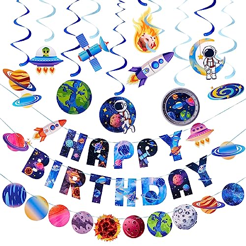 Sunbeauty Weltraum Deko Set, Weltraum Geburtstag Party Deko Enthält Planet Spirale Happy Birthday Banner Sonnensystem Planet Flagge String von SUNBEAUTY