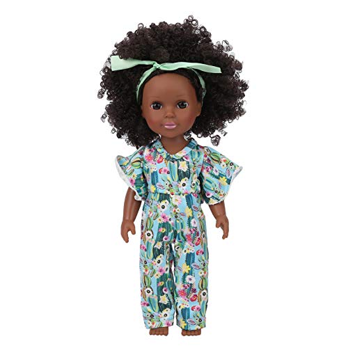 SUNGOOYUE 14in Black Skin Girl Baby Doll, Tragbares Lockiges Haar Hochsimulation African Girl Baby Doll mit Haarband für Rollenspielspielzeug(Q14-113 bunter Kaktus) von SUNGOOYUE