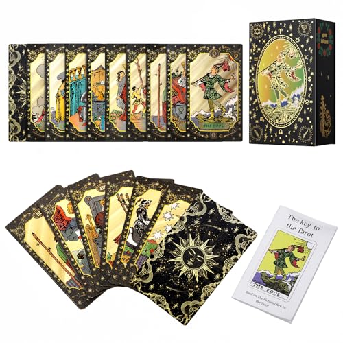 SUNHHX Tarotkarten, 78 Goldfolien-Tarotkarten-Deck für Anfänger und Profispieler, mit Box, Tarot-PVC, langlebig, wasserdicht, knitterfrei (Schwarzgold) von SUNHHX