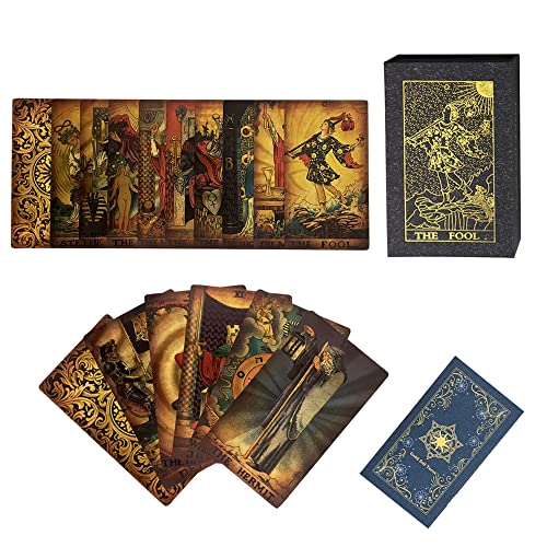 SUNHHX Tarotkarten, 78 Tarotkarten Deck PVC Wasserdicht Faltenfest Goldfolie Klassische Tarotkarten mit Englisch Anleitung Buch, Tarotkarten für Anfänger (Gold Rimless) von SUNHHX