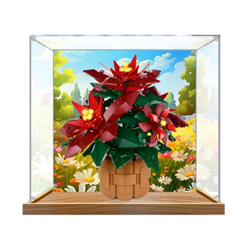 Figuren-Displaybox für LE-GO für 10370 Weihnachtsstern-Pflanze, Acryl, staubdicht, transparent, benutzerdefinierte Vitrine (kein Modell) (Holz + Hintergrund A) von SUNHON