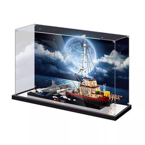 Figuren-Displaybox für LEGO 21350 für Ja-ws Or-ca Boot, Acryl, staubdicht, transparent, benutzerdefinierte Vitrine (kein Modell) (Spiegel + Hintergrund A) von SUNHON