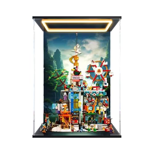 Figuren-Displaybox für LEGO 80054 für Millionen Städte, Acryl, staubdicht, transparent, benutzerdefinierte Vitrine (kein Modell) (Hintergrund D + Lichtkasten oben) von SUNHON