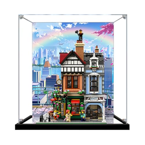 Figures Display Box für LE-GO für 10350 Britiish Street Corrner Acryl staubdicht transparent Custom Display Case (kein Modell) (Spiegel + Hintergrund A) von SUNHON