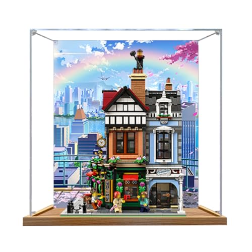 Figures Display Box für LE-GO für 10350 Britiish Street Corrner Acryl staubdicht transparent benutzerdefinierte Vitrine (kein Modell) (Holz + Hintergrund A) von SUNHON