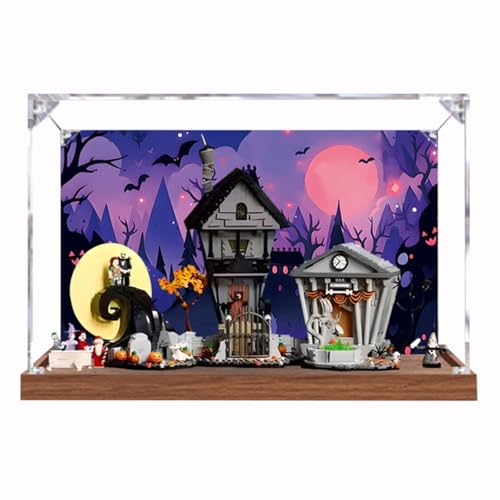 Figures Display Box für LE-GO für 21351 The Niightmare Before Chriistmas Acryl staubdicht transparent Custom Display Case (kein Modell) (Holz + Hintergrund D) von SUNHON