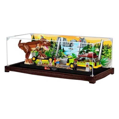 Figures Display Box für LEGO 76956 für Jurassiic World T.r-ex Acryl staubdicht transparent benutzerdefinierte Vitrine (kein Modell) (schwarze Walnuss + Hintergrund A) von SUNHON