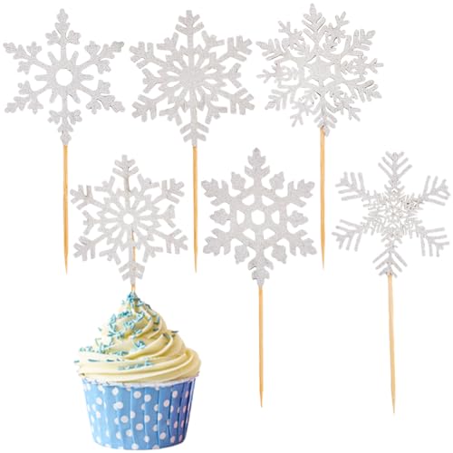 SUNNYCLUE 48 Stück silberne Schneeflocken-Kuchenaufsätze, Weihnachts-Cupcake-Topper, Bulk-Papier, Weihnachten, Winterurlaub, Dessert, Kuchen, hohle Schneeflocken, Dekoration, Topper für Geburtstag, von SUNNYCLUE