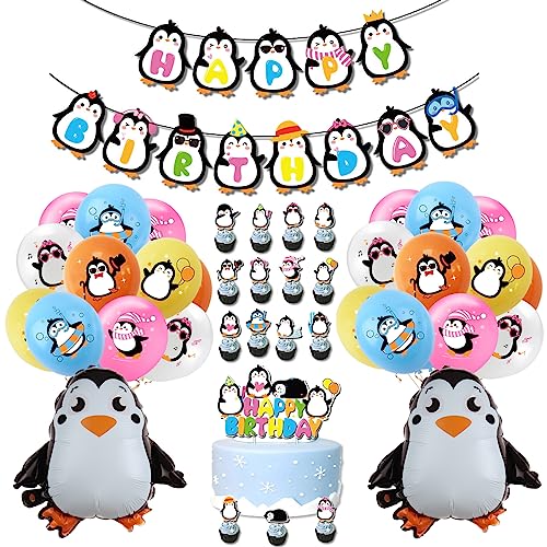 SUNSK Geburtstagsballons Pinguin Tier Luftballons Runde Latexballon XXL Pinguin Folienballons Happy Birthday Girlande Pinguin Kuchen Topper Geburtstag Deko für Kinder 39 Stück von SUNSK