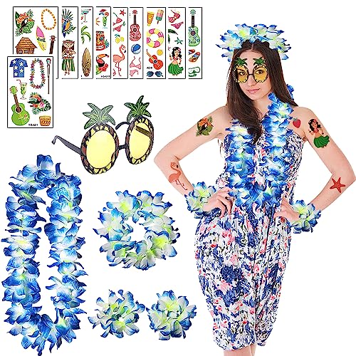 SUNSK Hawaii Party Kostüm Set Hawaii Kostüm Damen Ananas Sonnenbrille Hawaii Blumen Halsketten Blumen Armband Stirnband Klebetattoos Hawaii Tätowierung für Tropische Hawaiian Party Deko von SUNSK