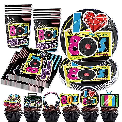 SUNSK Partygeschirr 80er Disco Party Geschirr Pappbecher Pappteller Servietten 80er Cupcake Topper Rollschuh Kuchen Topper für 80er Jahre Party Dekoratione 64 Stück von SUNSK