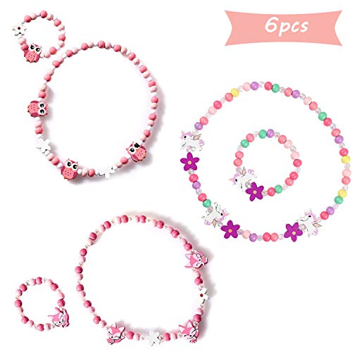 SUNSK Prinzessin Halskette Armbänder Sets Bunte Holz Schmuck Perlen Holzkette Perlenkette mit Holzperlen Kleine Mädchen Geschenke 6 Stück (Einhorn, Fuchs, Eule) von SUNSK