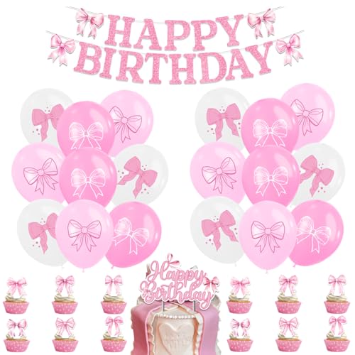 SUNSK Schleife Geburtstagsballons Rosa Luftballons Runde Latexballon Happy Birthday Banner Geburtstag Kuchen Topper für Mädchen Geburtstag Weihnachten Party Dekoration von SUNSK