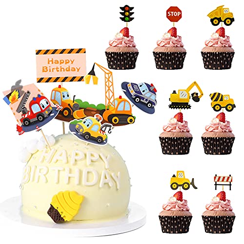 SUNSK Bagger Tortendeko Baufahrzeug Kuchen Deko Geburtstag Cupcake Topper Happy Birthday Kuchendeko Auto Cake Topper Kindergeburtstag Deko Torte Geburtstagsparty Junge 36 Stück von SUNSK