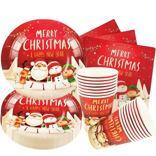 SUNSK Weihnachten Partygeschirr Set Weihnachts Partyzubehör Pappteller Set Pappbecher Pappteller Servietten Christmas Party Dekoration für Weihnachtsparty Thema Party 16 Gäste von SUNSK