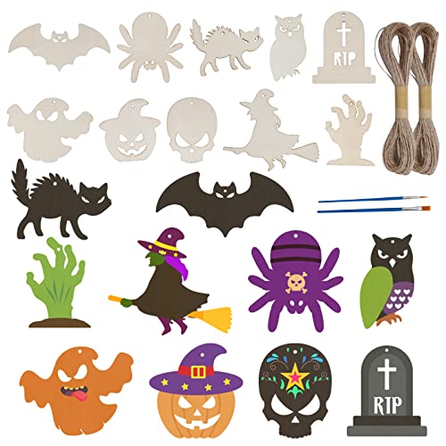 SUNYOK 30 Stück Halloween Holz Bastelset Kinder Fledermaus Hexe Spinne Halloween Holzanhänger zum Bemalen mit Pinsel Holzbastelsets Kunsthandwerk für Halloween Party Kinder DIY Handwerk von SUNYOK