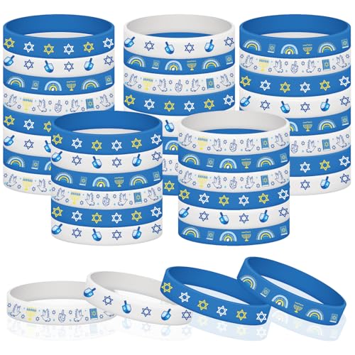 SUNYOK 36 Stück Chanukka Armband Hanukkah Davidstern Dreidel Menora Silikon Armbänder Chanukka Blau Weiß Gummi Armbänder Hanukkah Accessoires Partygeschenke für Chanukka Feiertag Party von SUNYOK