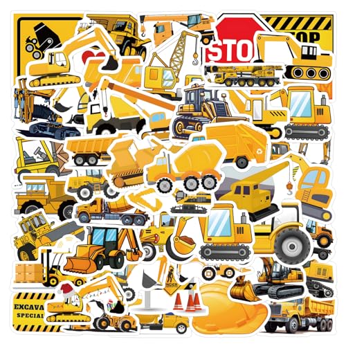 SUNYOVIME Bagger Sticker Kinder Set,55 Stück Baufahrzeug Sticker Wasserfeste Vinyl Sticker Baustelle LKW Auto Traktor Aufkleber für Skateboard Laptop Koffer Helm Motorrad Auto Fahrrad Handy von SUNYOVIME