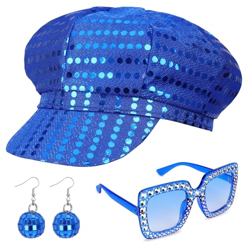 SUNZWO ABBA Hut-Set – 3-teiliges ABBA-Zubehör-Set mit blauem Hut, Sonnenbrille und Ohrringen, ideal für Kostümpartys und Themen-ABBA-Events von SUNZWO