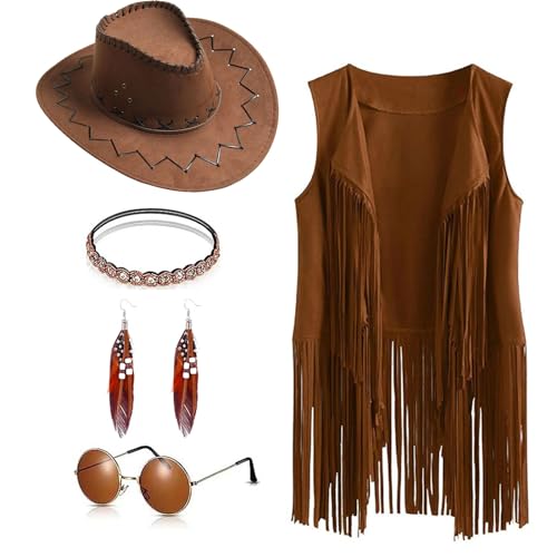60er 70er Jahre Western-Cowgirl-Outfit-Set, Hippie-Kostüm, Fransenweste mit Hut, Sonnenbrille, Ohrringen, Stirnband für Damen, Halloween, Größe S von SUOLA