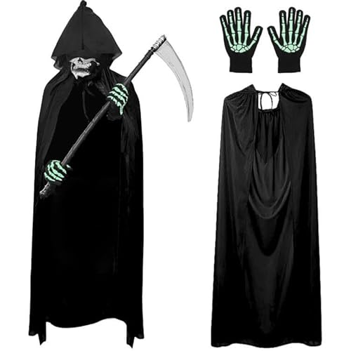 SUPERSUN Sensenmann Kostüm 4-teiliges Skelett Kostüm Erwachsener Halloween Umhang mit Kapuze mit Schädelmaske, Handschuhe, Sense für Cosplay Halloween Dekoration Karneval Mottoparty Maskerade von SUPERSUN