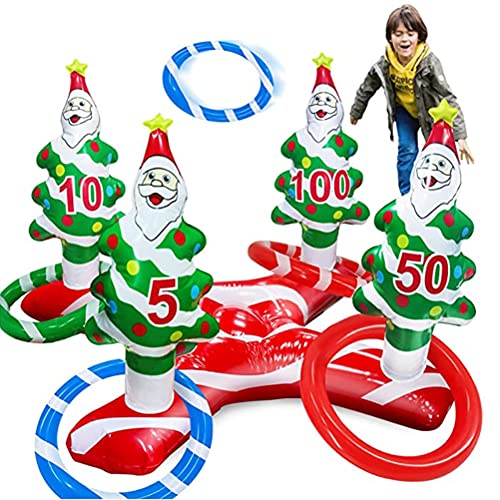 SUPYINI Weihnachtsparty-Ringwurfspiel, Party-Wurfspiel mit 4 Ring-Weihnachtsbaum-Wurfspielzeugen, Aufblasbare Weihnachtsmannmützen, Ringwurfspiel, Lustige Weihnachtsspiele für Familien, von SUPYINI