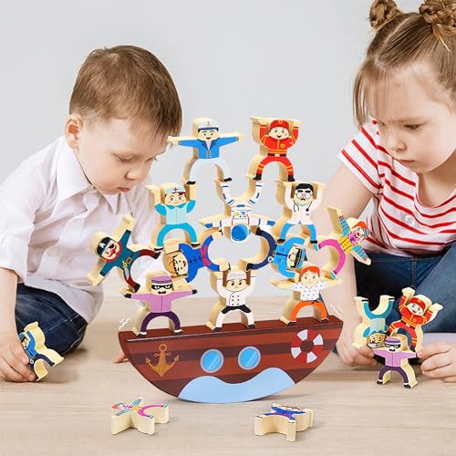 SUQ Stapelspiel aus Holz für Kinder, 12 Stück Herkules, Piratenschiff stapelt Musik, Schaukelstapel Balance Spiel, Kleinkind Balancierblöcke Spielzeug, Fesselndes Puzzle-Spiel für Kinder von SUQ