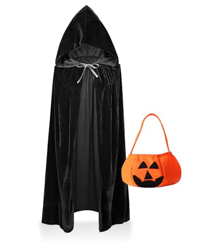 Umhang mit Kapuze, Halloween Vampir KostüM Kinder Jungen Mädchen + Süßigkeit Taschen, Sensenmann Kostüm Mittelalter Cape Velvet Kapuzenumhang Mantel Hexe für Karneval Cosplay Familienfeier Maskerade von SUVEK