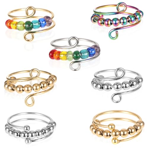 7 Stück Anxiety Ring Verstellbare Anti Stress Ring, Linderung von Ängsten und Antistress Ringe, Fidget Ring Angst Ring Spinning Ring, Bead Ring Offene Spinner Ring Antistress Spielzeug von SUWIWKKOA