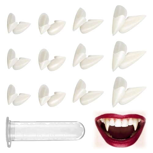 Vampire Zähne Gefälschte Zahnersatz 12 Paar Vampir Fangs Falsche Zähne mit 1 Rohr Zähne Pellets Klebstoff Vampir Fangs Gefälschte für Halloween Party Cosplay Requisiten Zähne von SUWYNJ