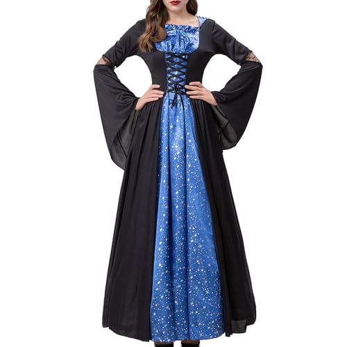 SUYGGCK Damen mittelalterliches Maxikleid, ausgestellt, langärmlig, mit Kapuze, Renaissance-Kleid, Halloween-Kostüm, Party-Outfit von SUYGGCK