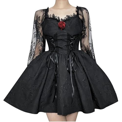 SUYGGCK Gothic-Lolita-Kleider für Damen, transparentes Netz, langärmeliges Steampunk-Minikleid, Halloween-Kostüm, Party-Outfit von SUYGGCK